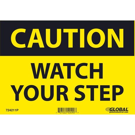 GLOBAL INDUSTRIAL Caution Watch Your Step Sign, 7x10, Pressure Sensitive Vinyl 724211P